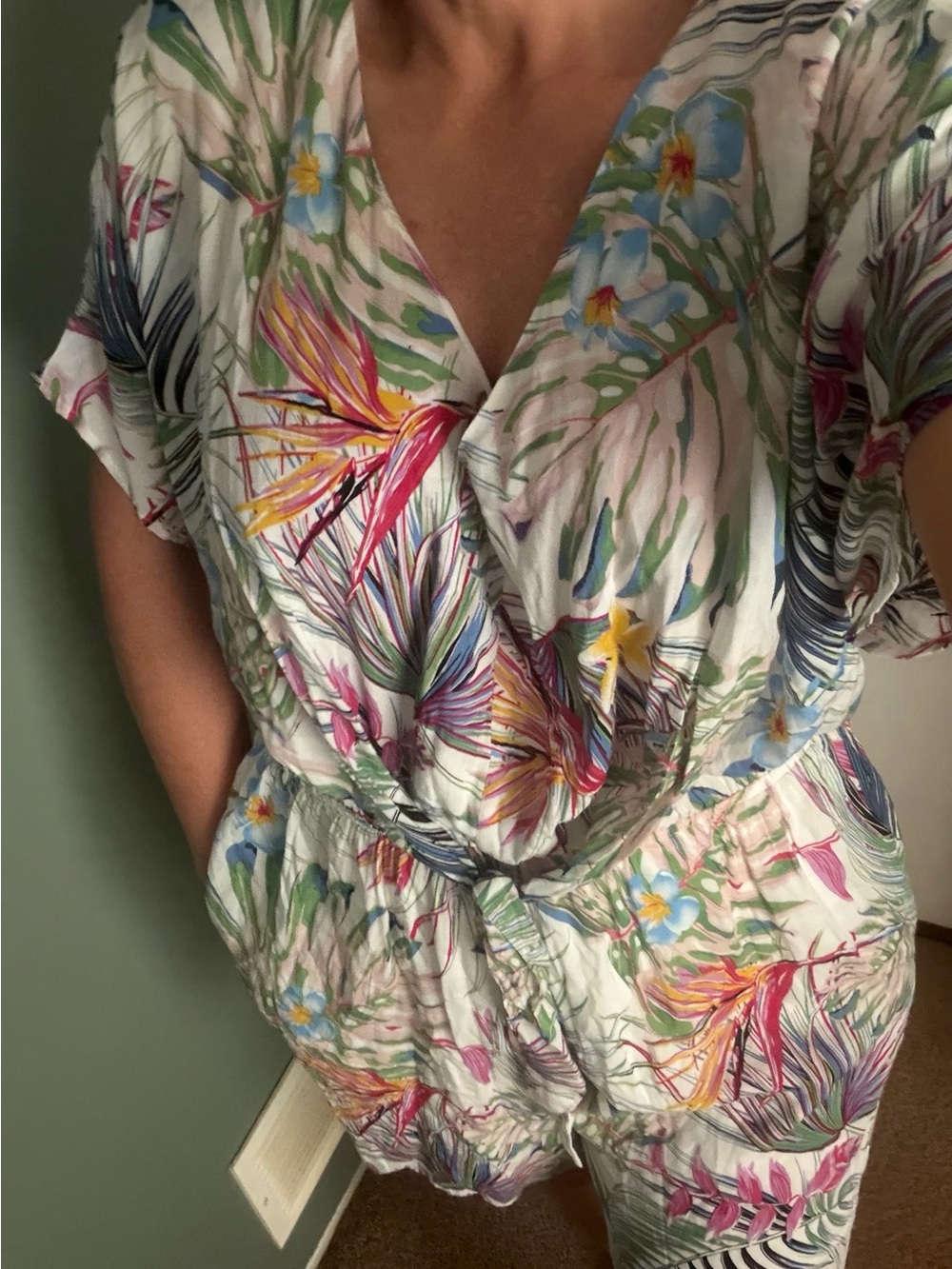 Tropical Floral V-Neck Romper in Multicolor *has pockets